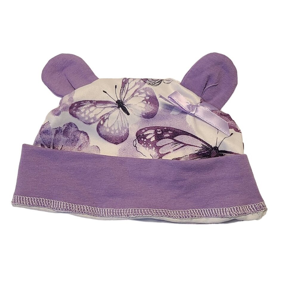 Baby Girl Purple Butterfly Print Hat With Bear Ears